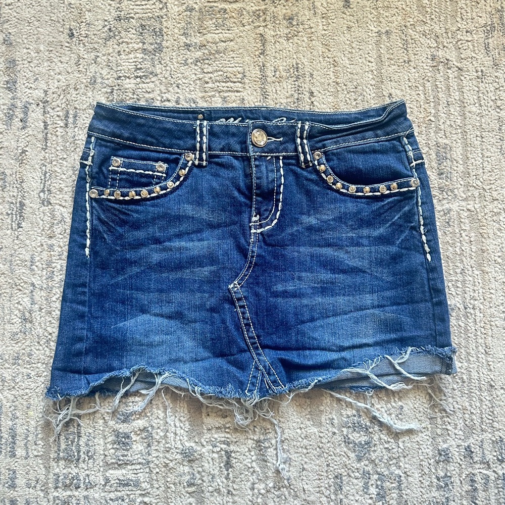 Miss Me Blue Denim Mini Skirt with Stud Accents